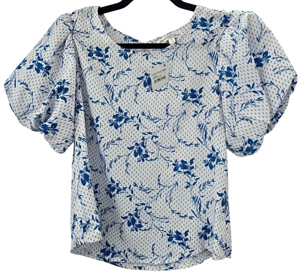 Stem & Vine Blouse Women Small White Blue Floral Puff Sleeve Top Lightweight New